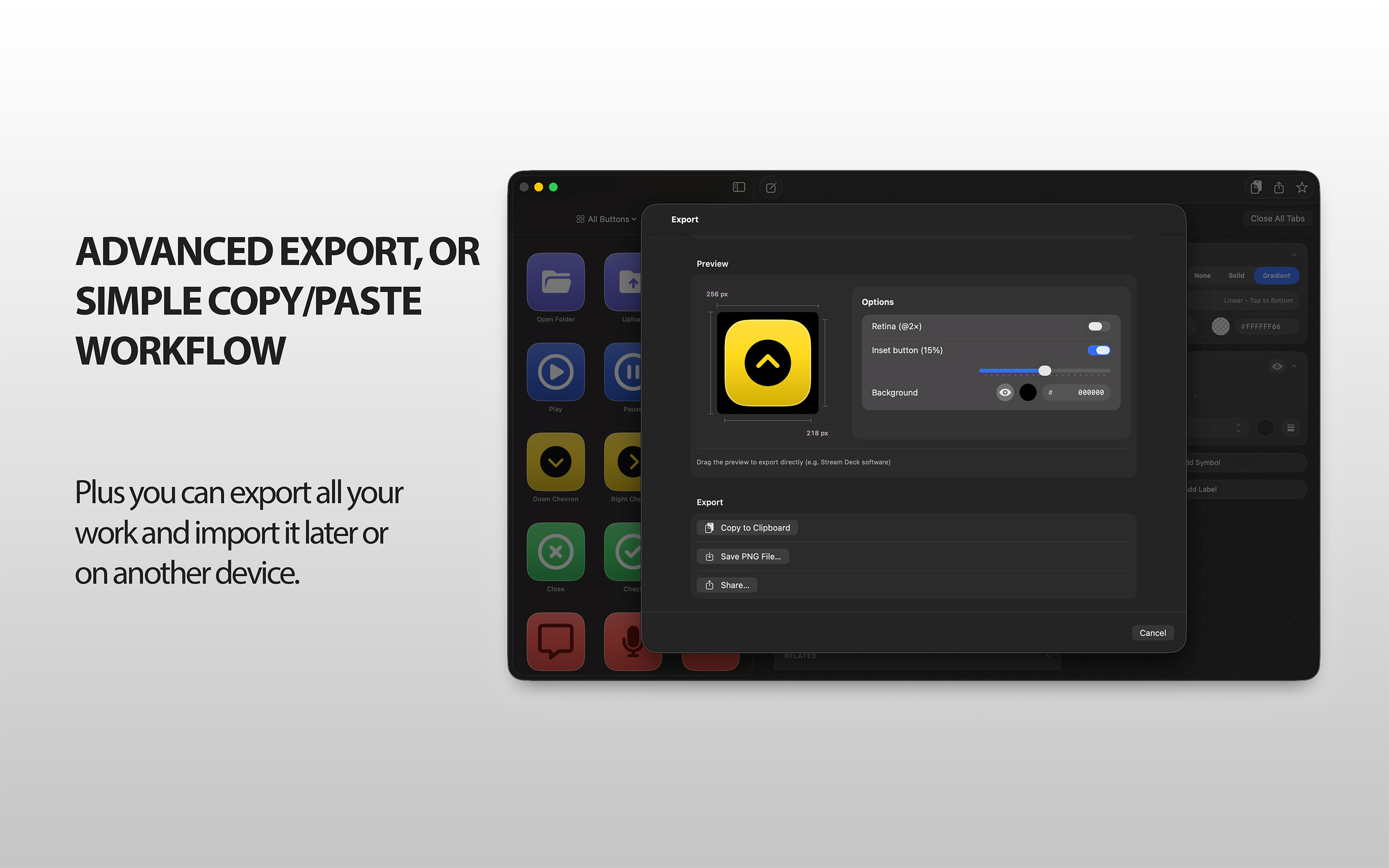 Symblem's export panel showing sizing, inset, background, copy, save, and share controls