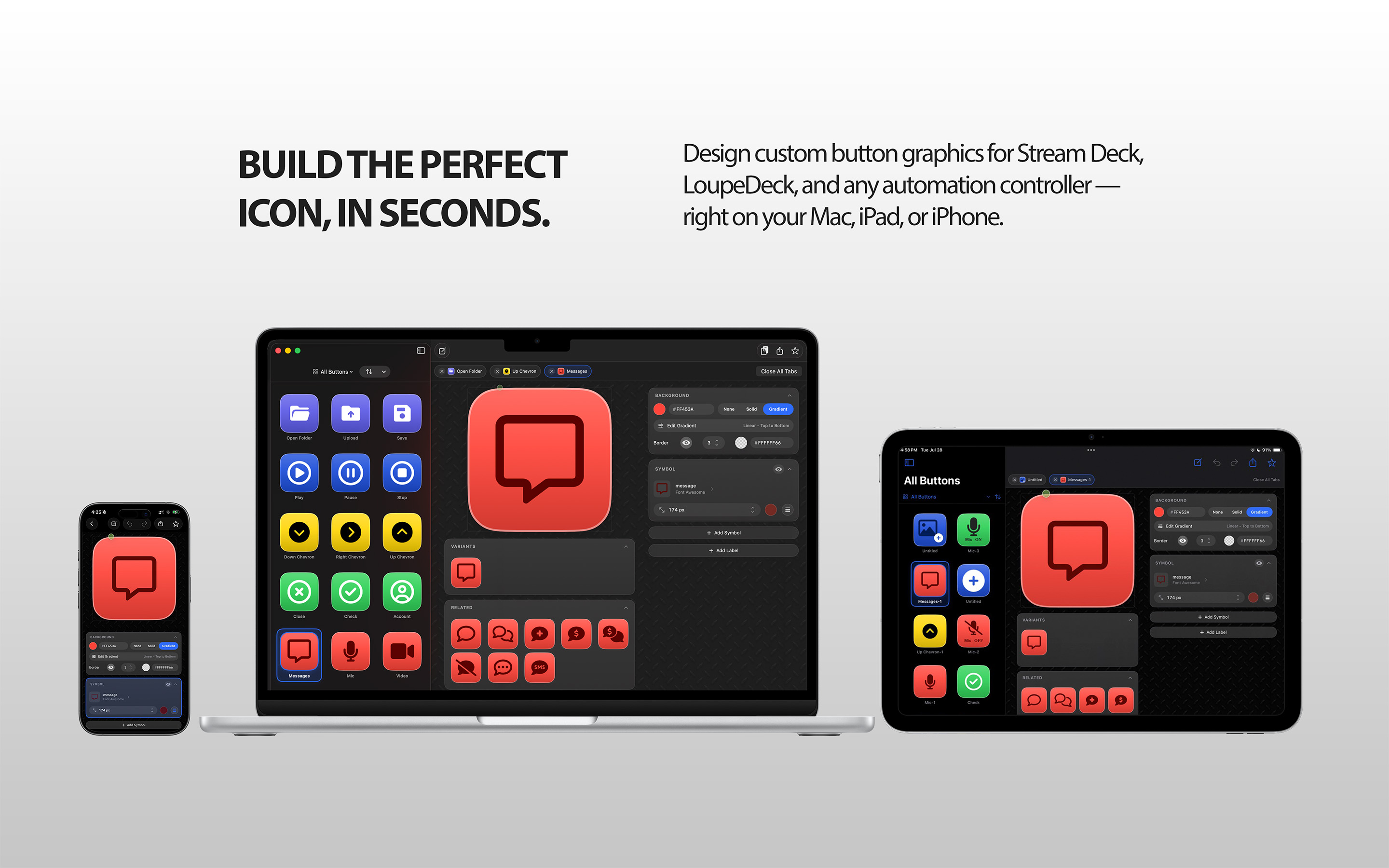 Symblem running on iPhone, Mac, and iPad with a red Messages button being edited