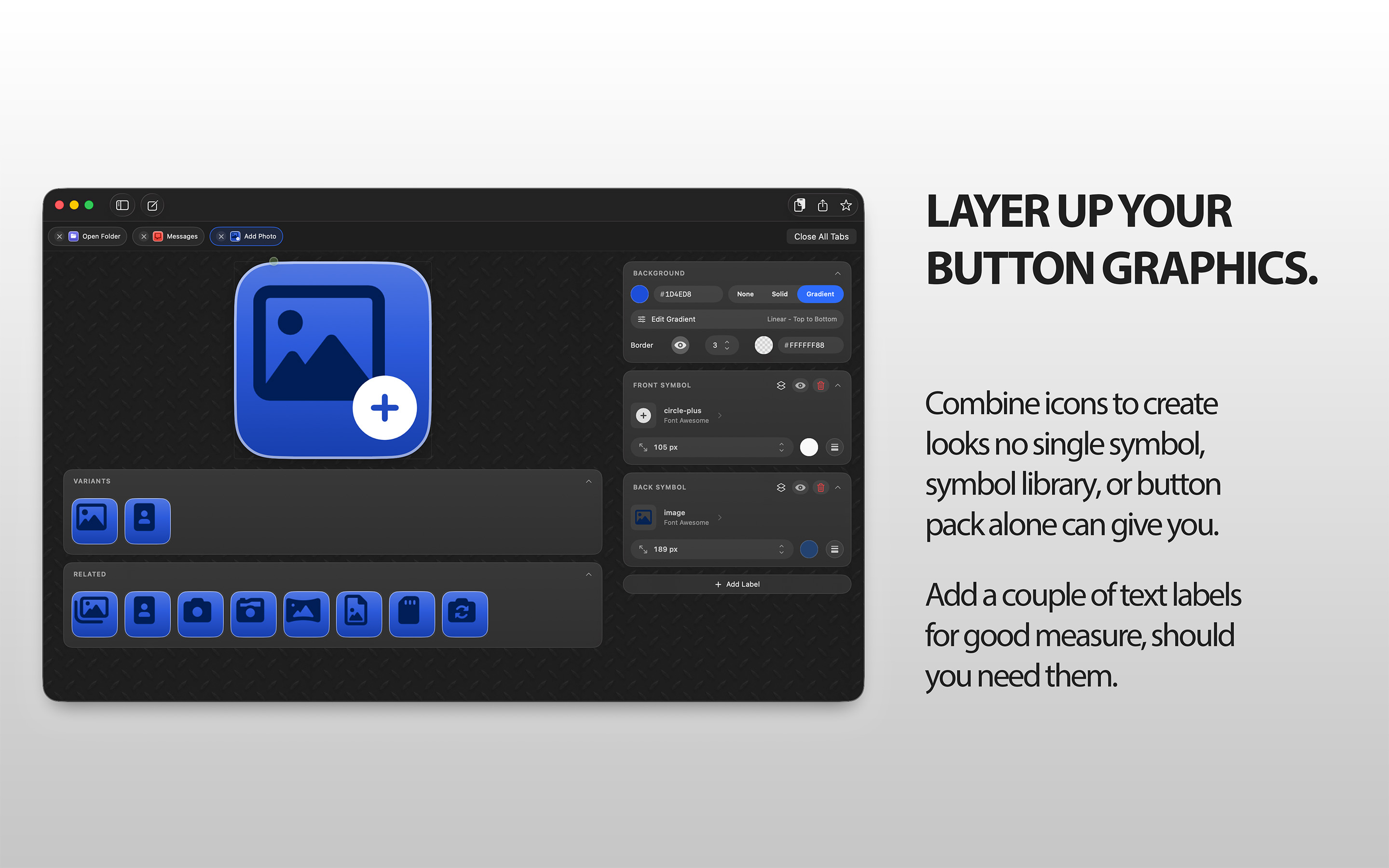A layered blue image button being designed in Symblem